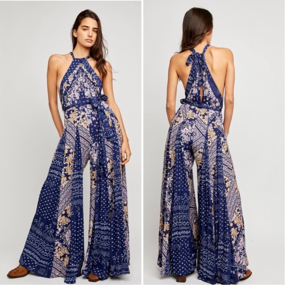 NEW Free People Mixed Print Shangri-La Wide Leg Halter Jumpsuit Blue Scarf Print